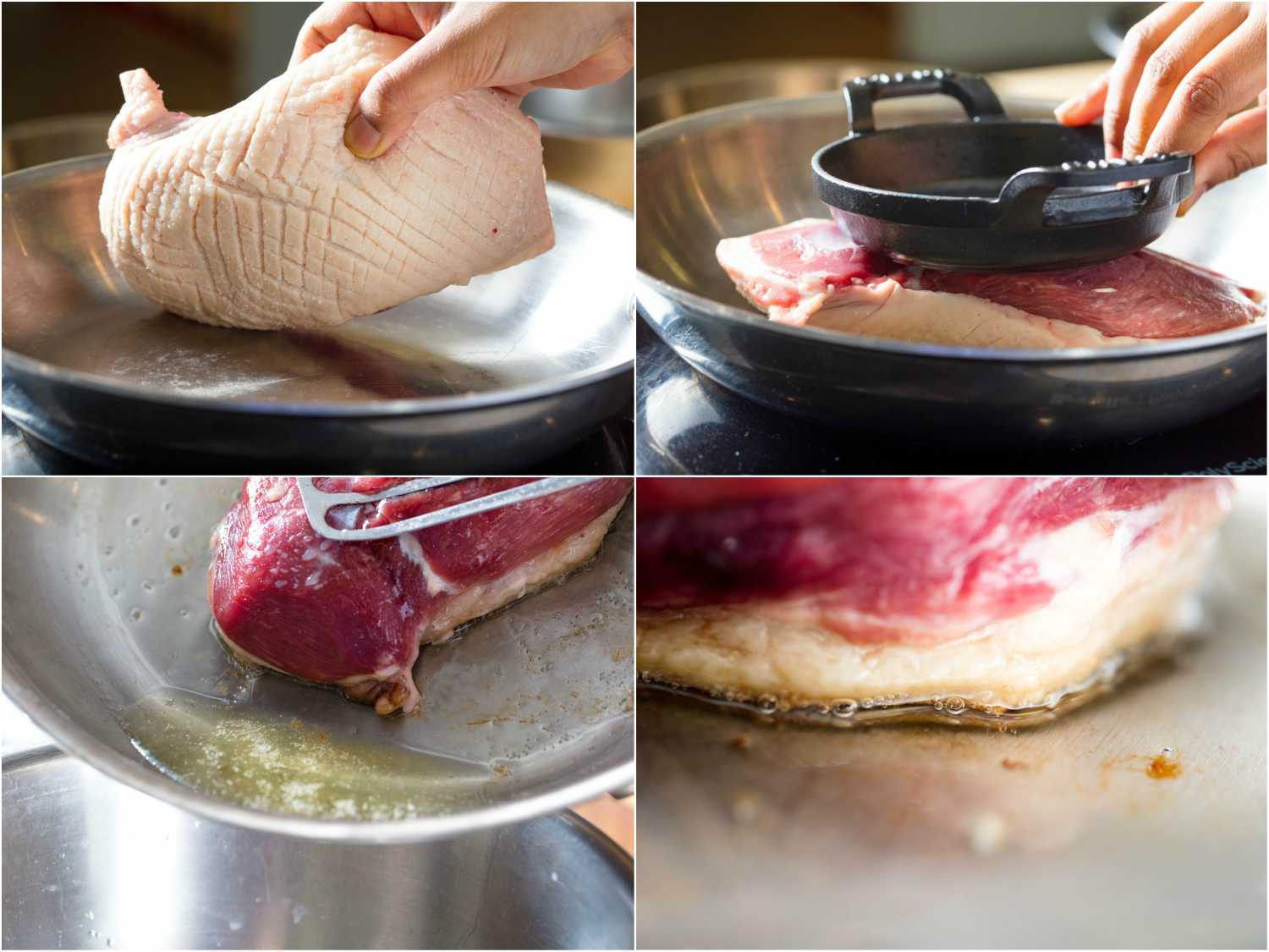 Collage of placing duck breast in cold pan, weighing it down with cast iron skillet, fish spatula pressing on the breast in a tilted pan to show rendered fat pooling pan, and close up of rendered fat layer