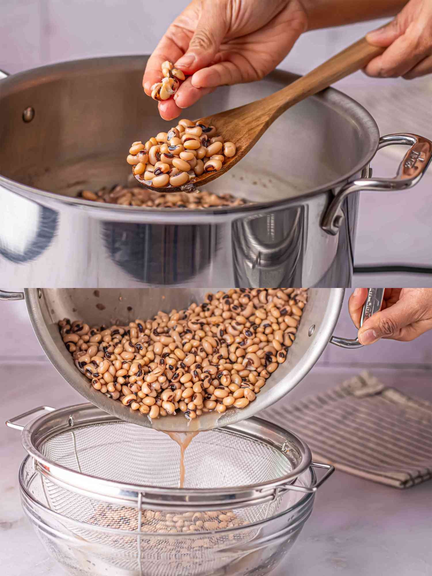 Two image collage of checking and draining beans