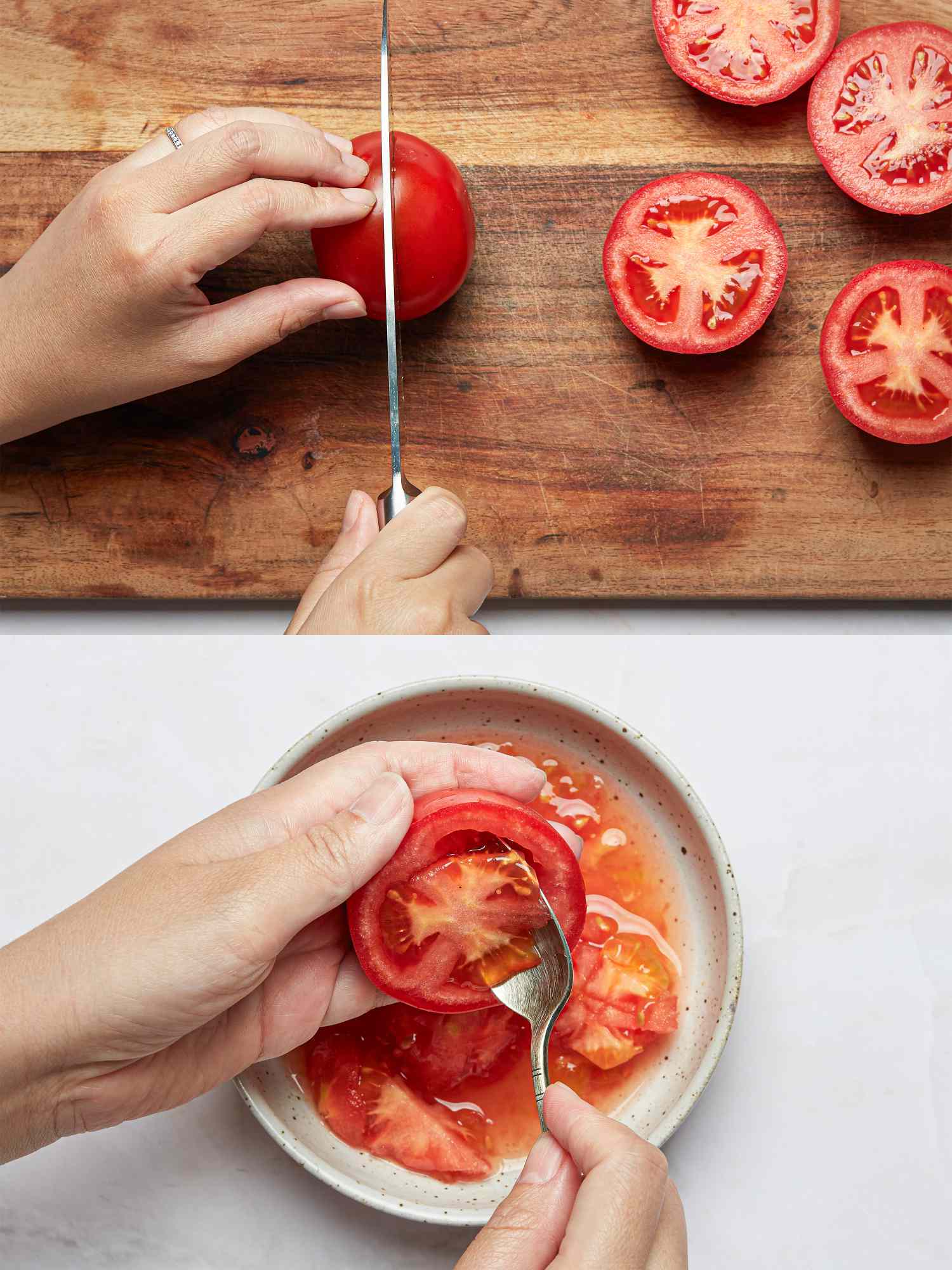 Two-step tomato preparation, cutting tomatoes on a board and scooping out pulp for stuffing