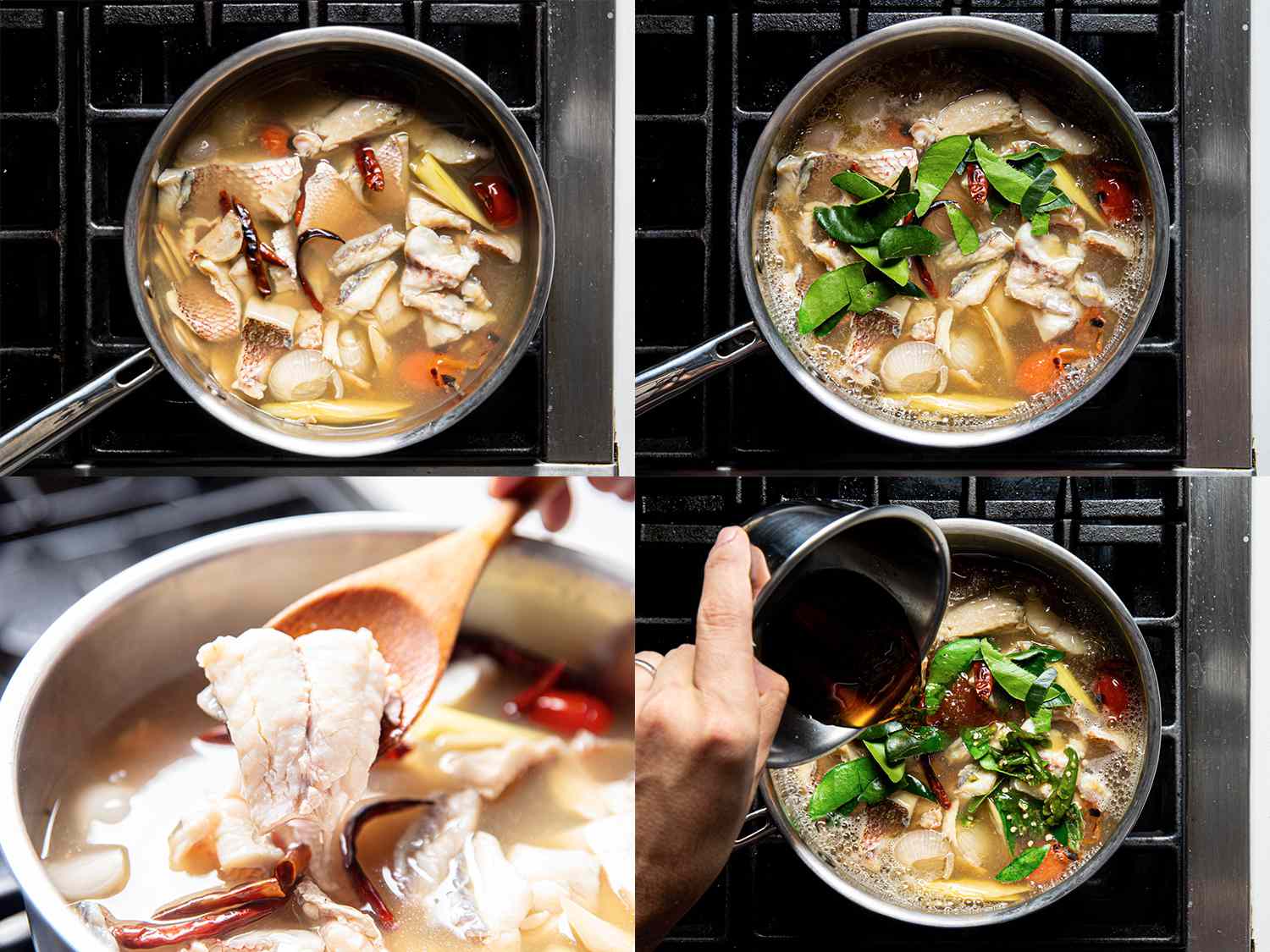 Four Image collage. Top Left: Fish and stock added to the part. Top Right: Greens and spices added to stock. Bottom left: a wooden spoon lifting a piece of cooked fish out of the pot. Bottom Right: Fish sauce being added to the pot. 