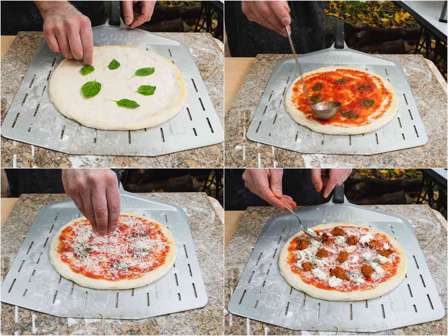 Collage of topping pizza round with basil, tomato sauce, parmesan, mozzarella, and nduja