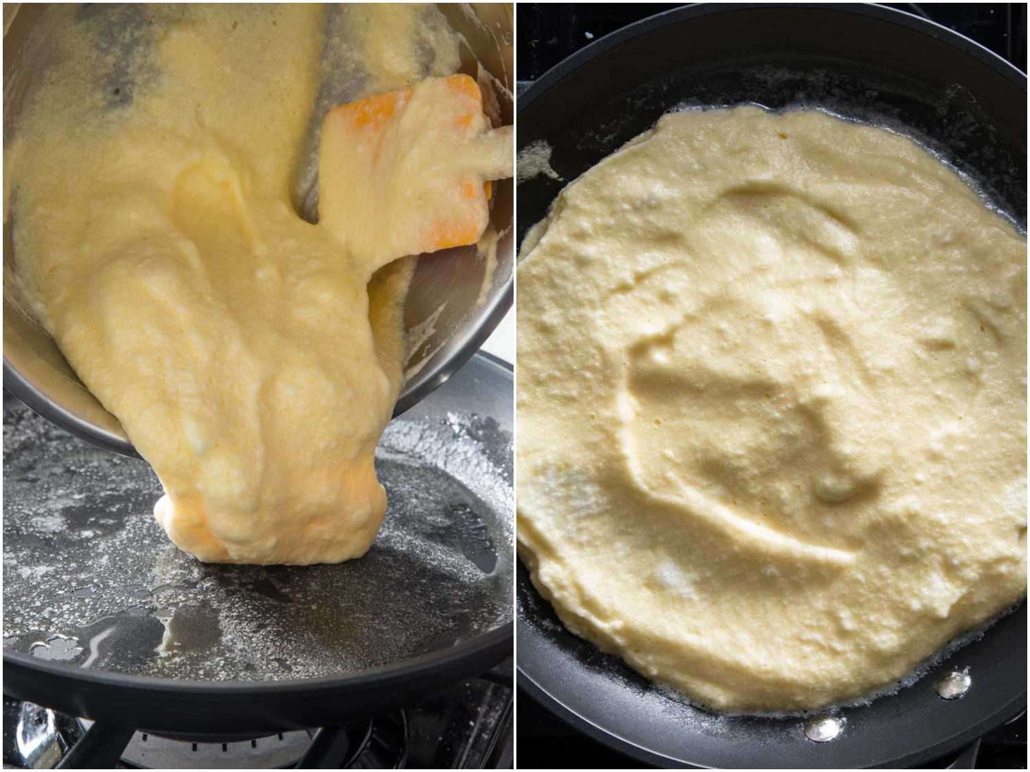 scraping an omelette soufflé batter into a pan