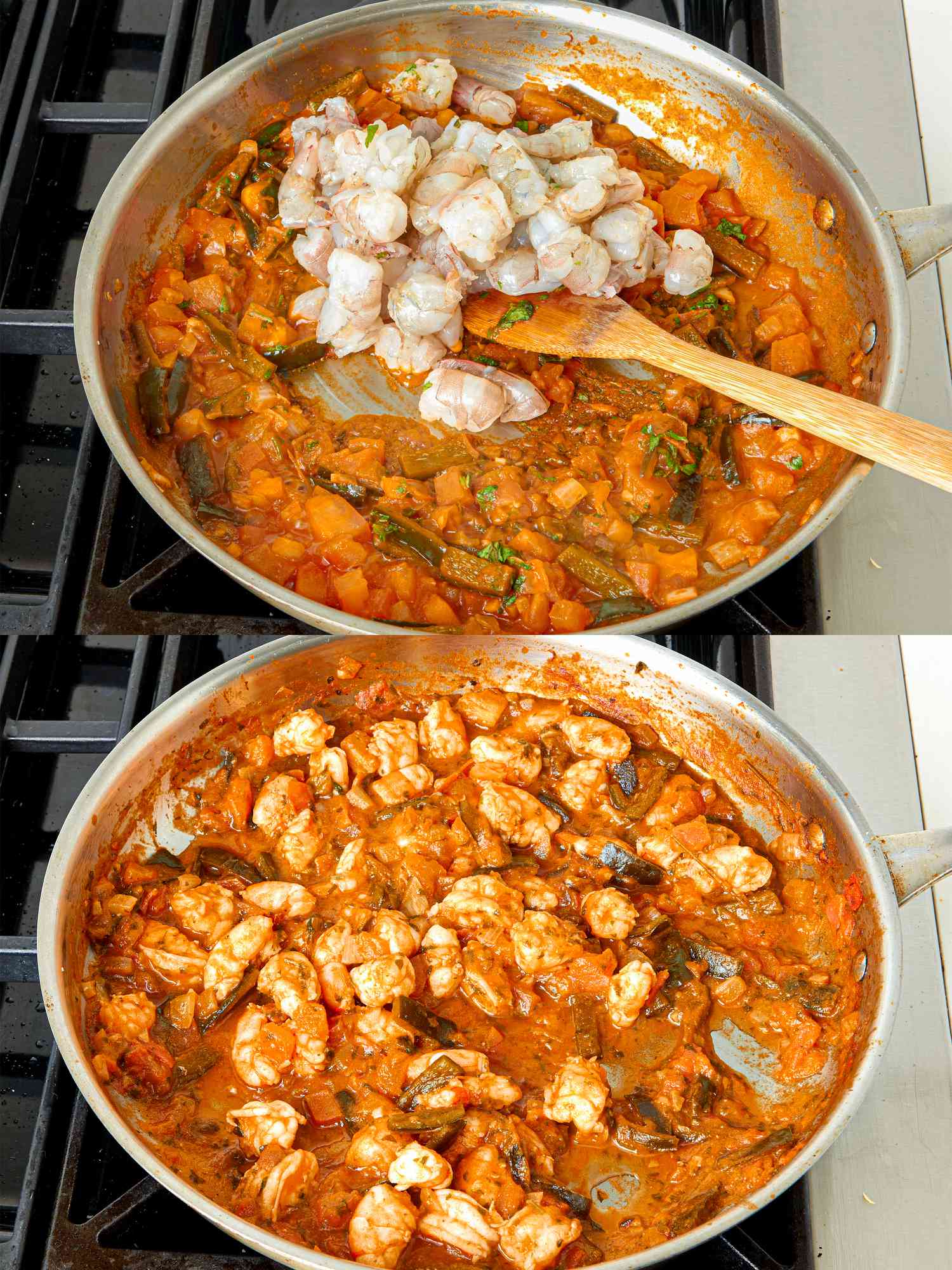 Two image collage of cooking shrimp