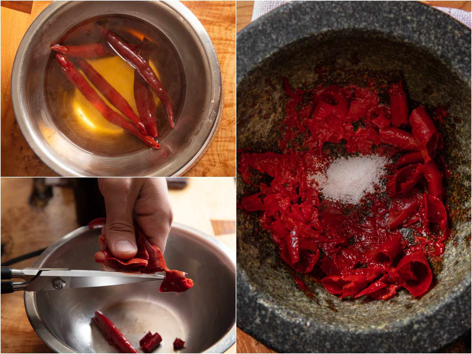 collage: spur chiles soaking; getting cut into small pieces; added to mortar and pestle with salt