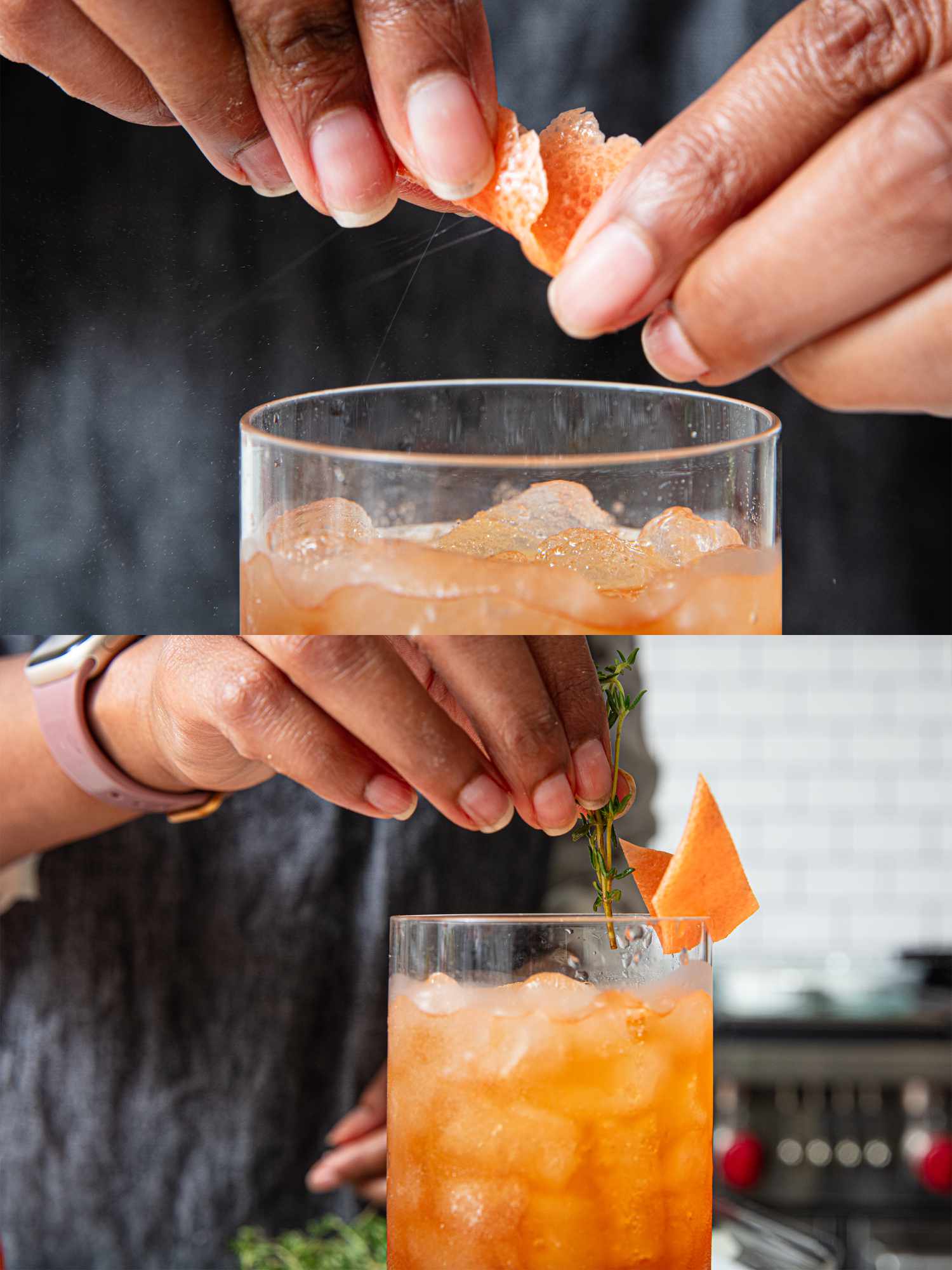 Two image collage of garnishing an Apposta cocktail