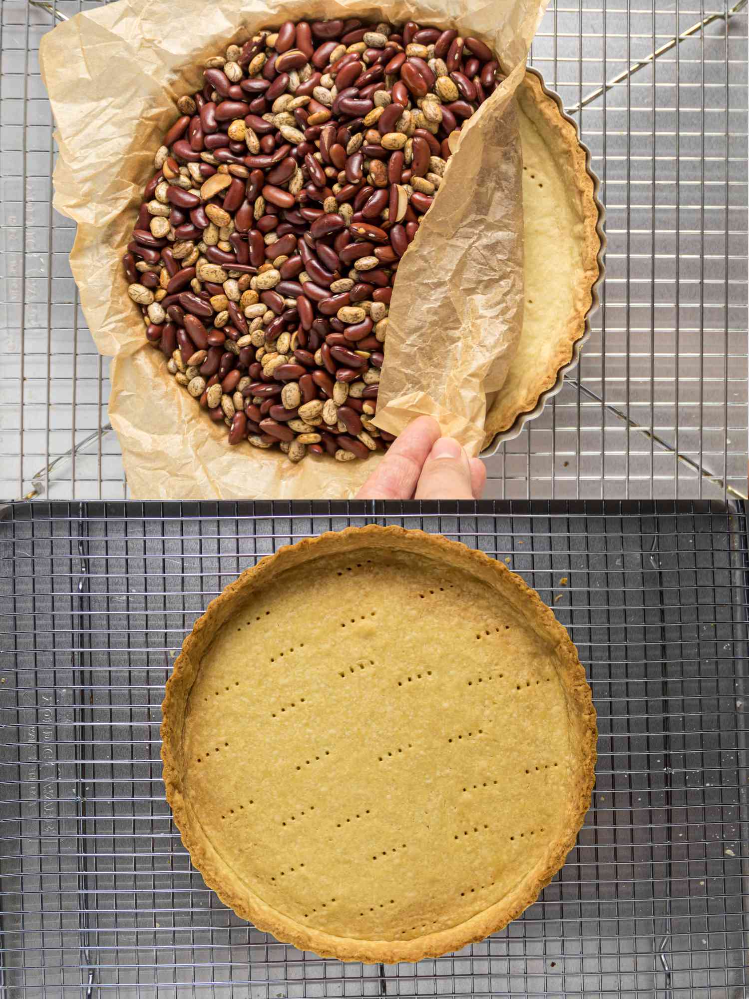 2 image collage. Top: hand showing baked pate brisee under beans and parchment paper. Bottom: Baked pate brisee on a cooling rack 