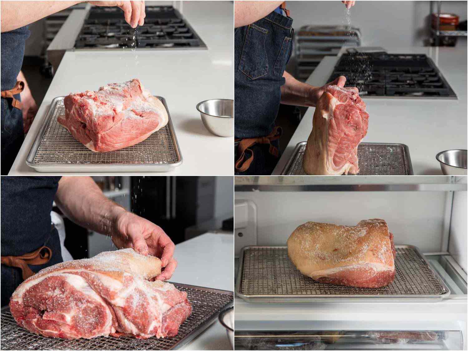 Process shots of seasoning the pork shoulder and refrigerating it uncovered overnight.