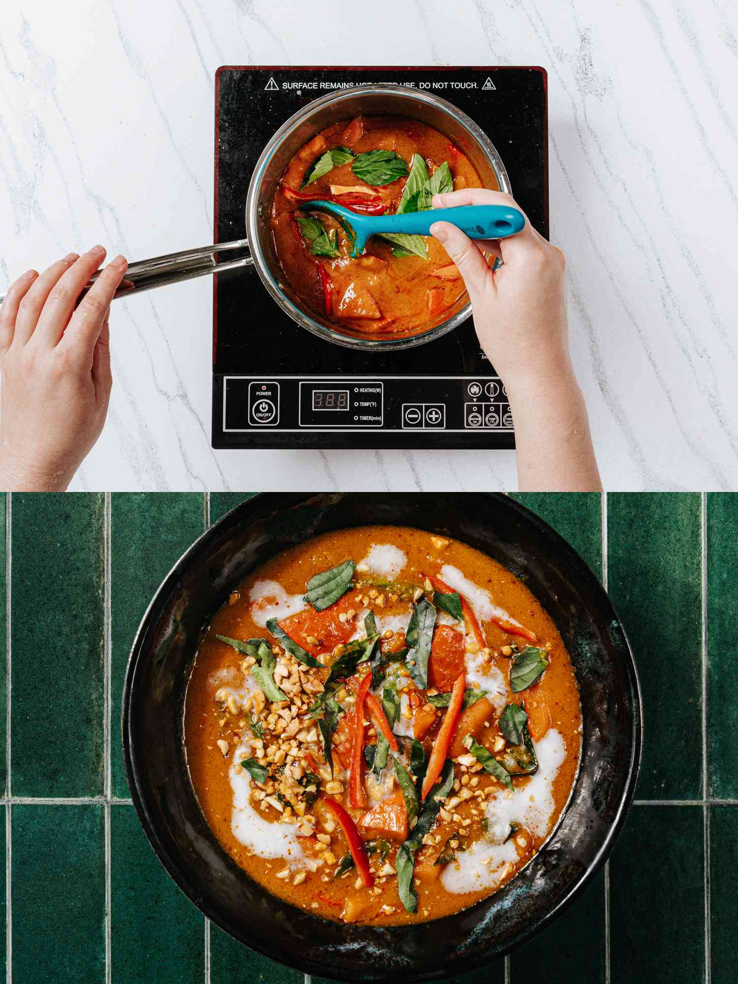 2 image collage. Top: Hands holding pot of cooking curry, while stirring in fresh basil and chili . Bottom: Squash Panang curry in a black bowl, with all the toppings added on a deep green tile surface. 