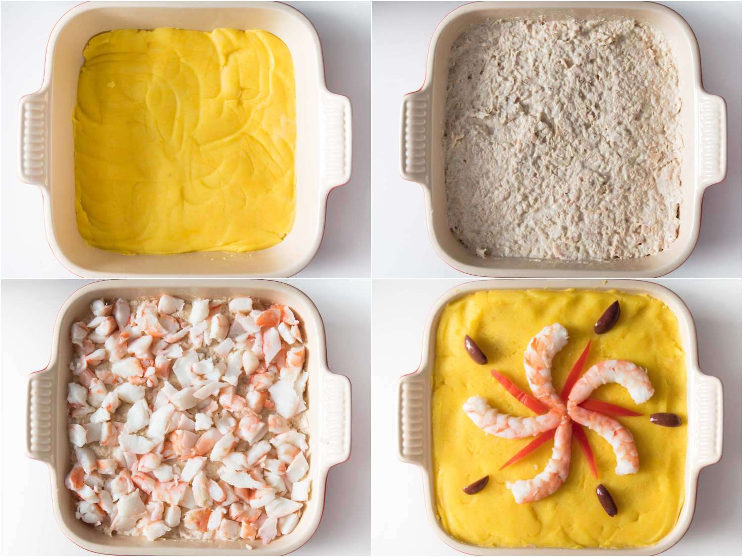 Collage of Peruvian causa dish being assembled in layers in casserole dish