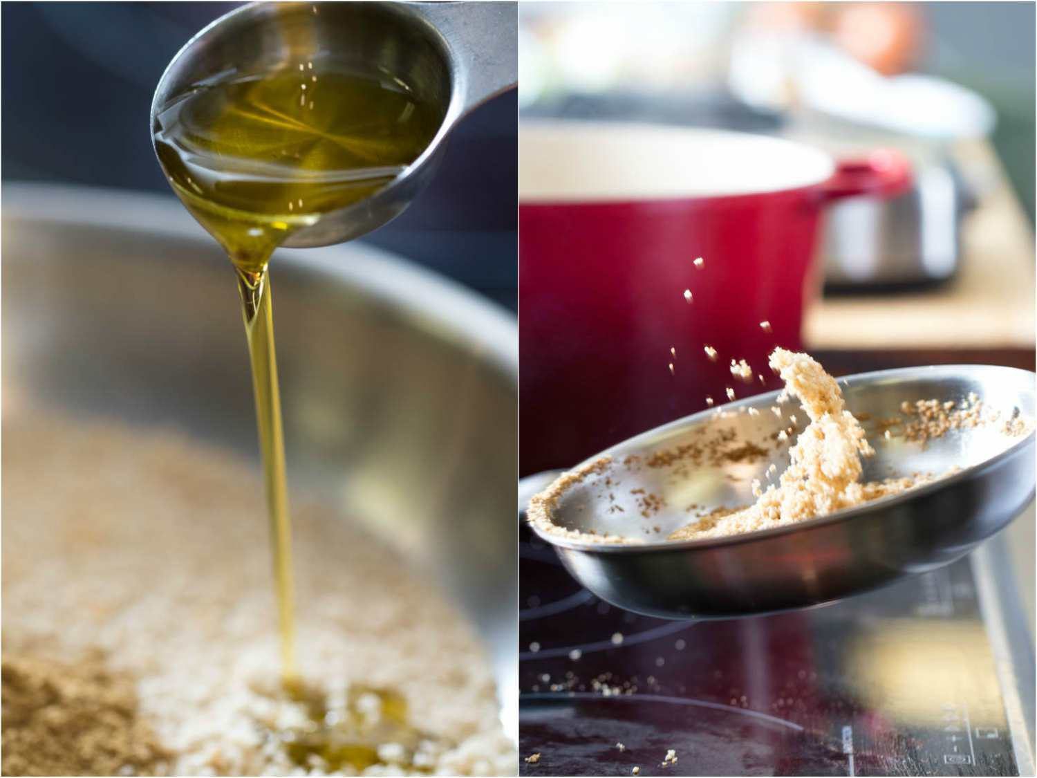 A side by side collage of two photos, drizzling olive oil over breadcrumbs and then tossing toasted breadcrumbs in a skillet.