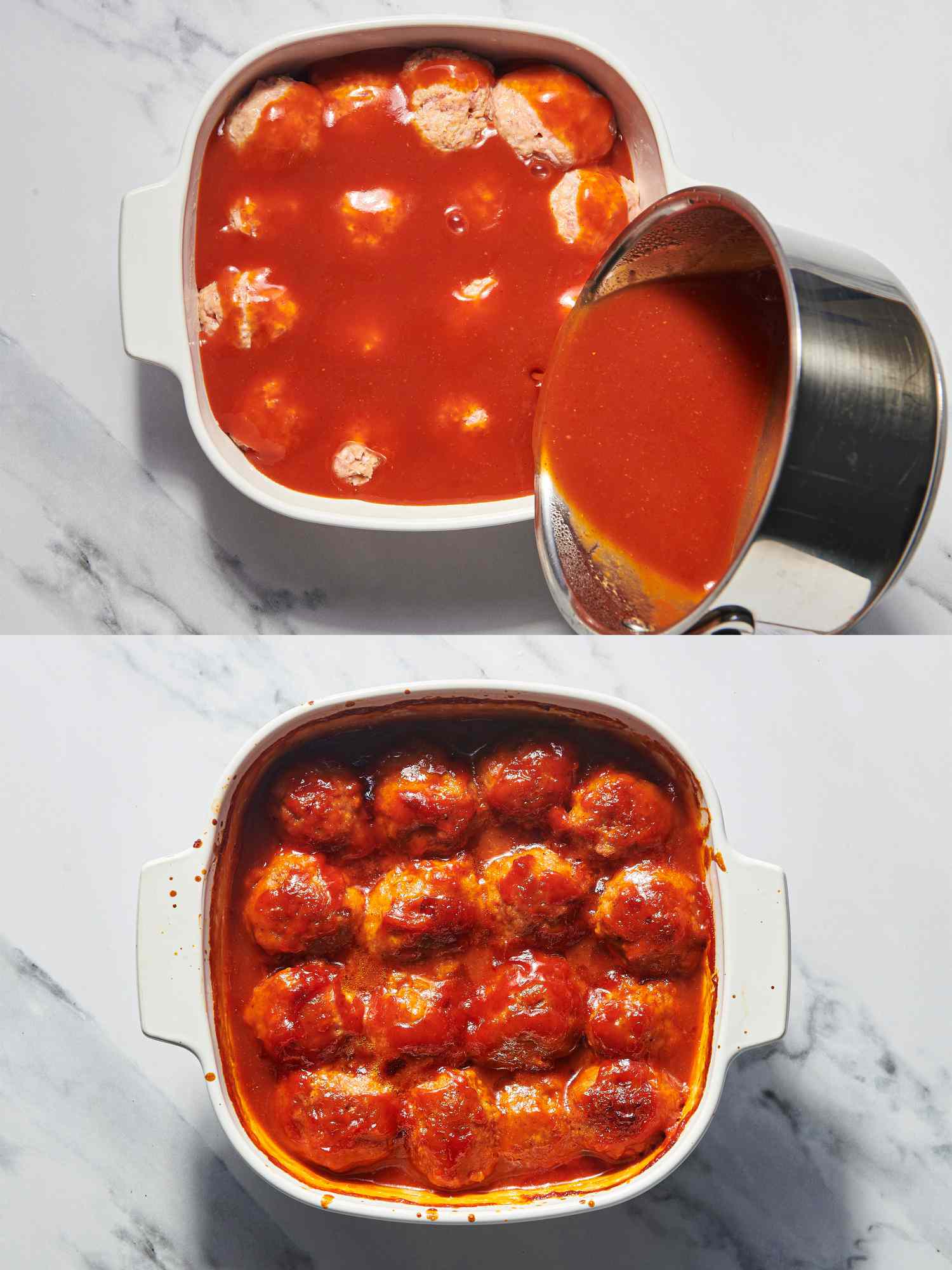 Overhead view of pouring sauce over ham balls and cooked ham balls 