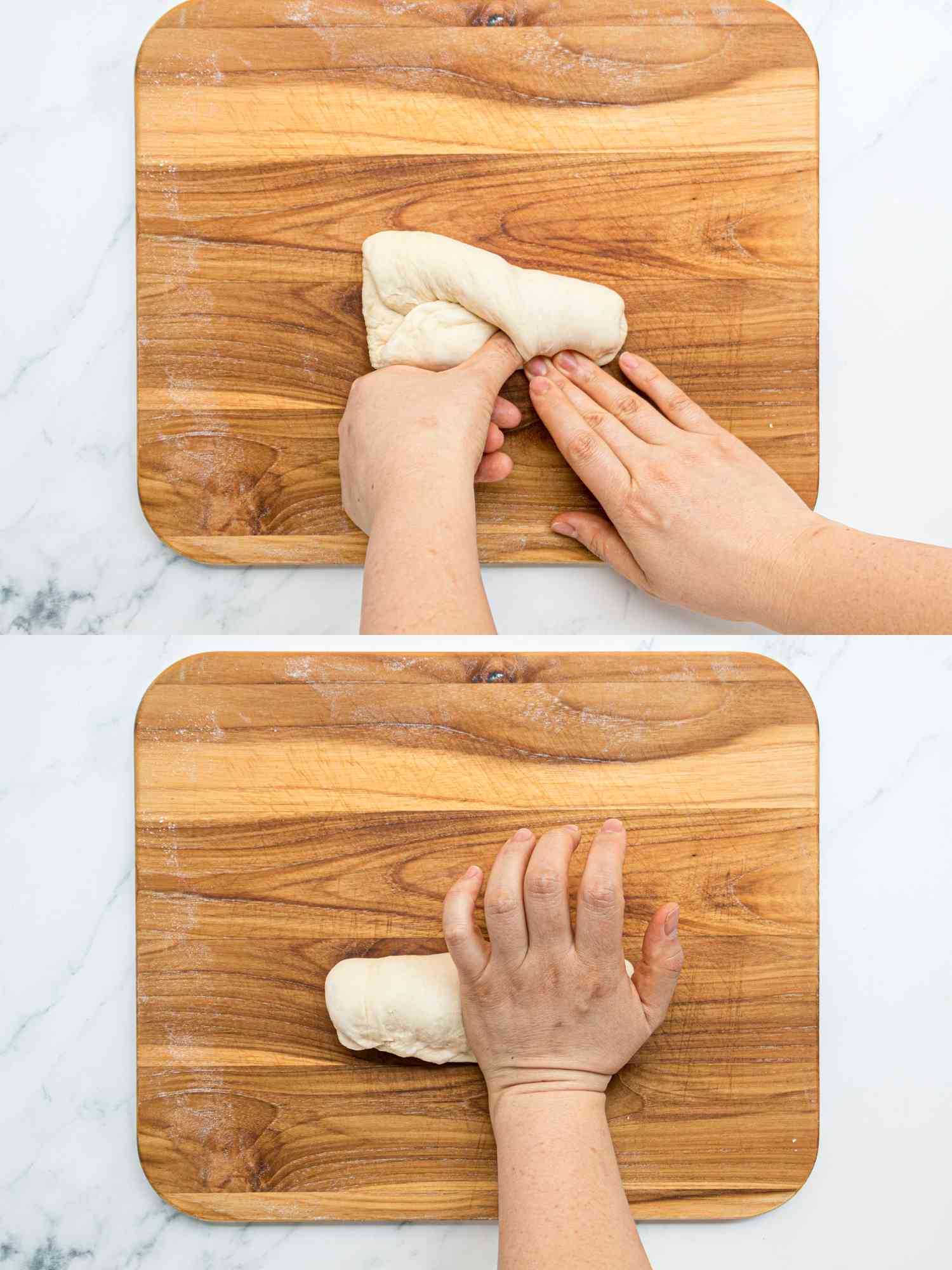 Two image collage of folding dough over crease and sealing with palm of hand