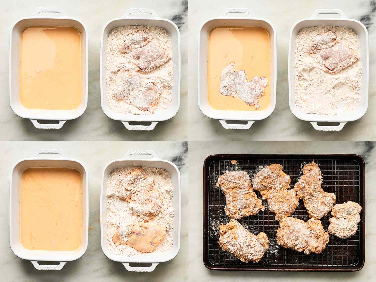 Four image collage of dredging chicken and dredged chicken resting 