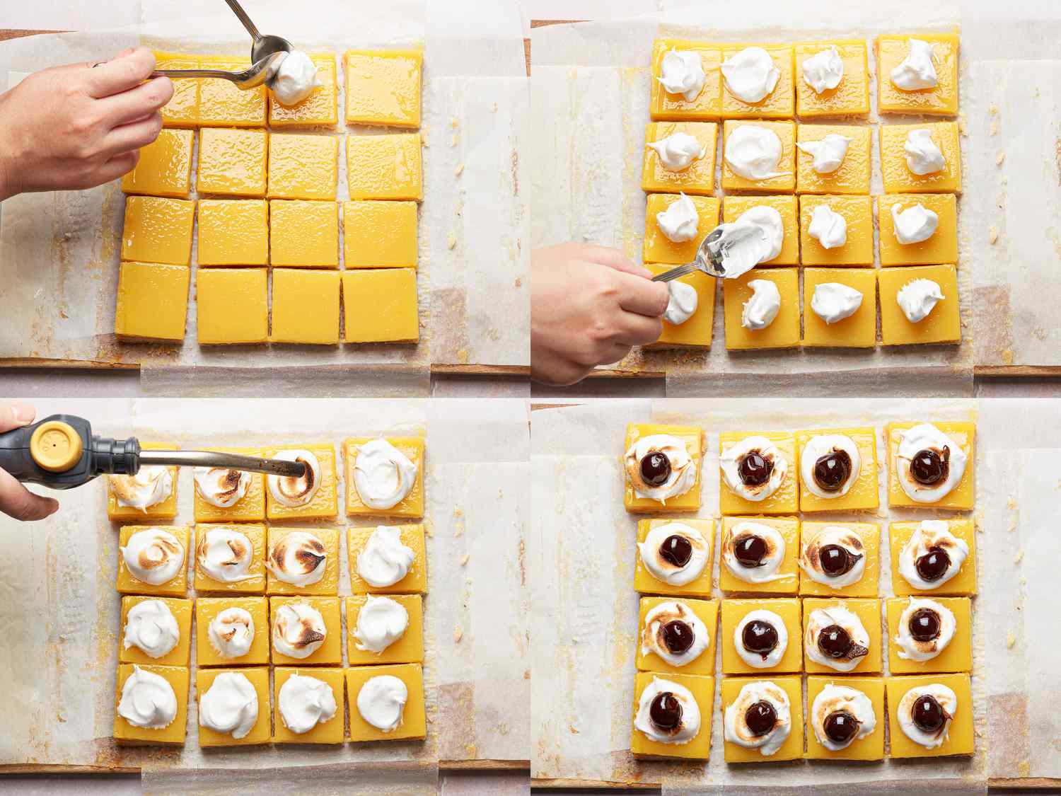 4 image collage. Top left: using two spoons, scooping dollops of meringue ontop of each lemon bar. Top Right: All 16 lemon bars with indentations made into the meringue Bottom Right: Torching and browning the merengue of each bar. Bottom left: each bar topped with a single amarena cherry. 
