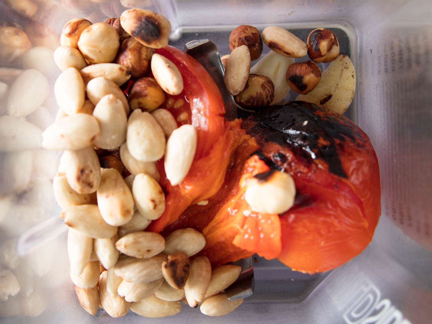 Almonds and hazelnuts, along with charred tomato in a blender for xato sauce. 