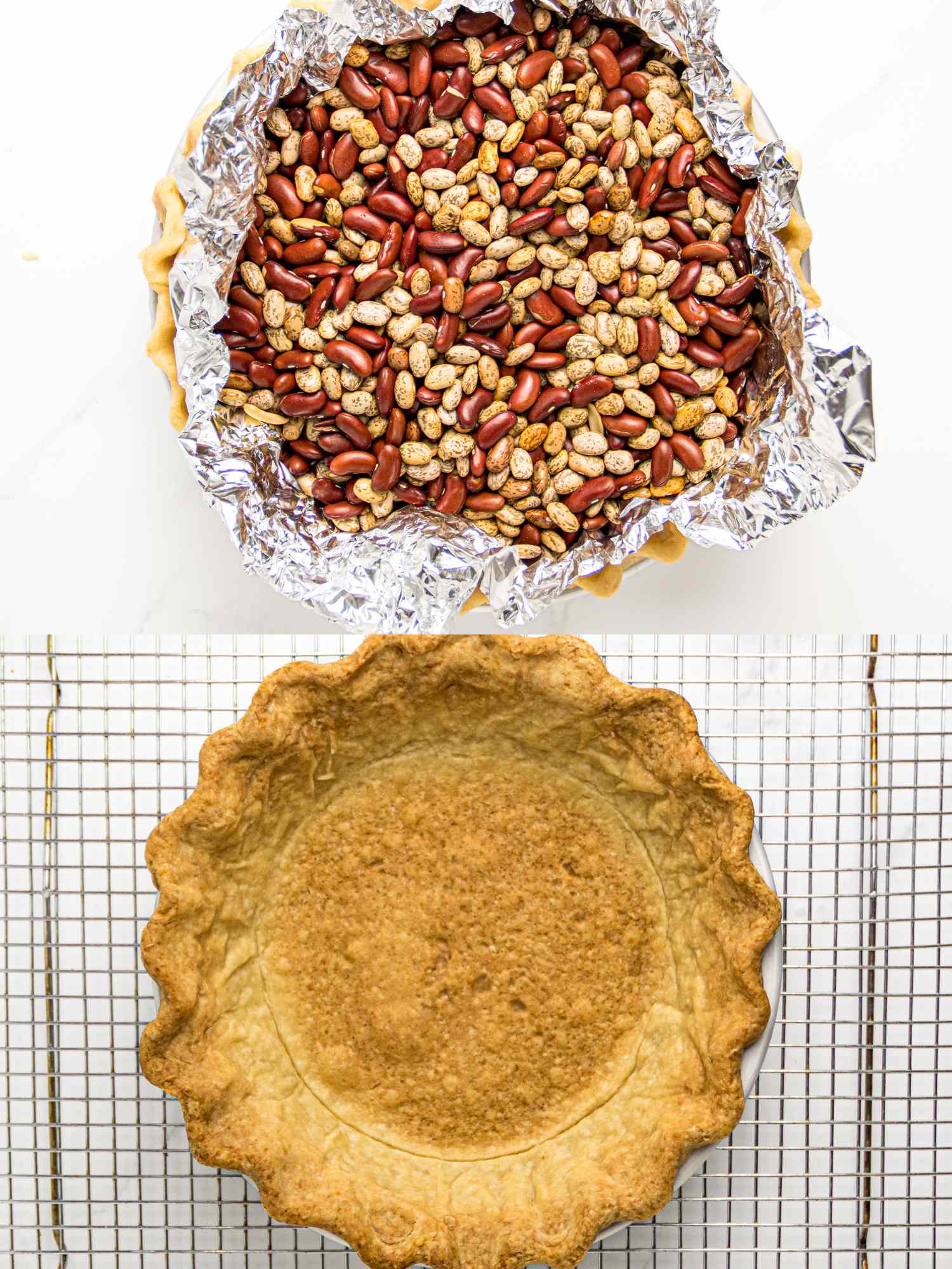 Twostep process for making pie crust top shows a crust filled with baking beans and foil bottom shows the baked and empty crust