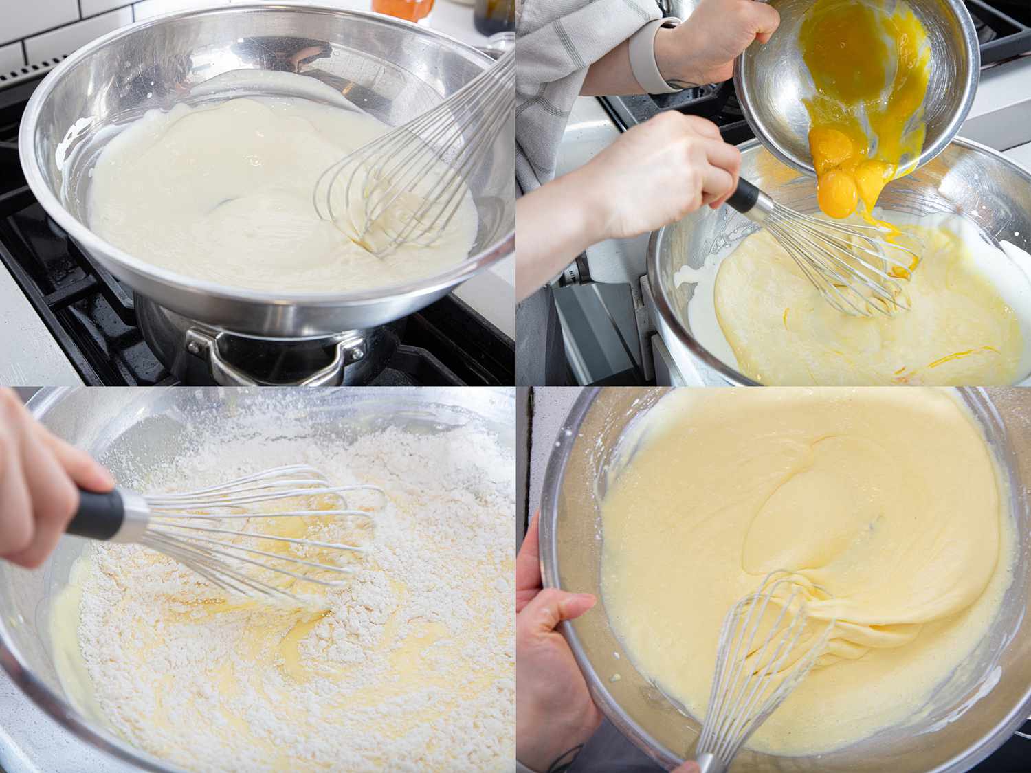 Four steps of preparing cake batter with whisks and ingredients being mixed in bowls