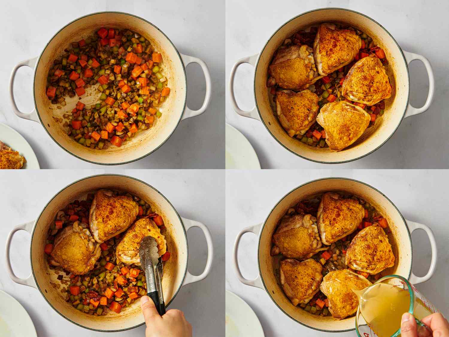 Steps in cooking a dish with chicken vegetables and broth shown in a pot