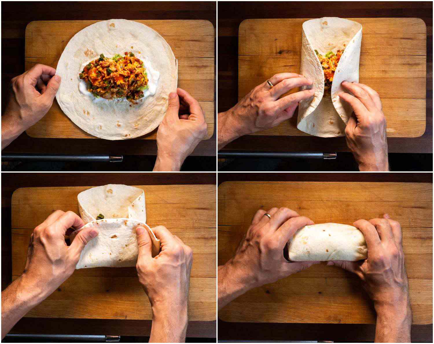 A 4-image collage: wrapping the burrito, starting from the side and rolling from the bottom of the tortilla up away from the cook. 