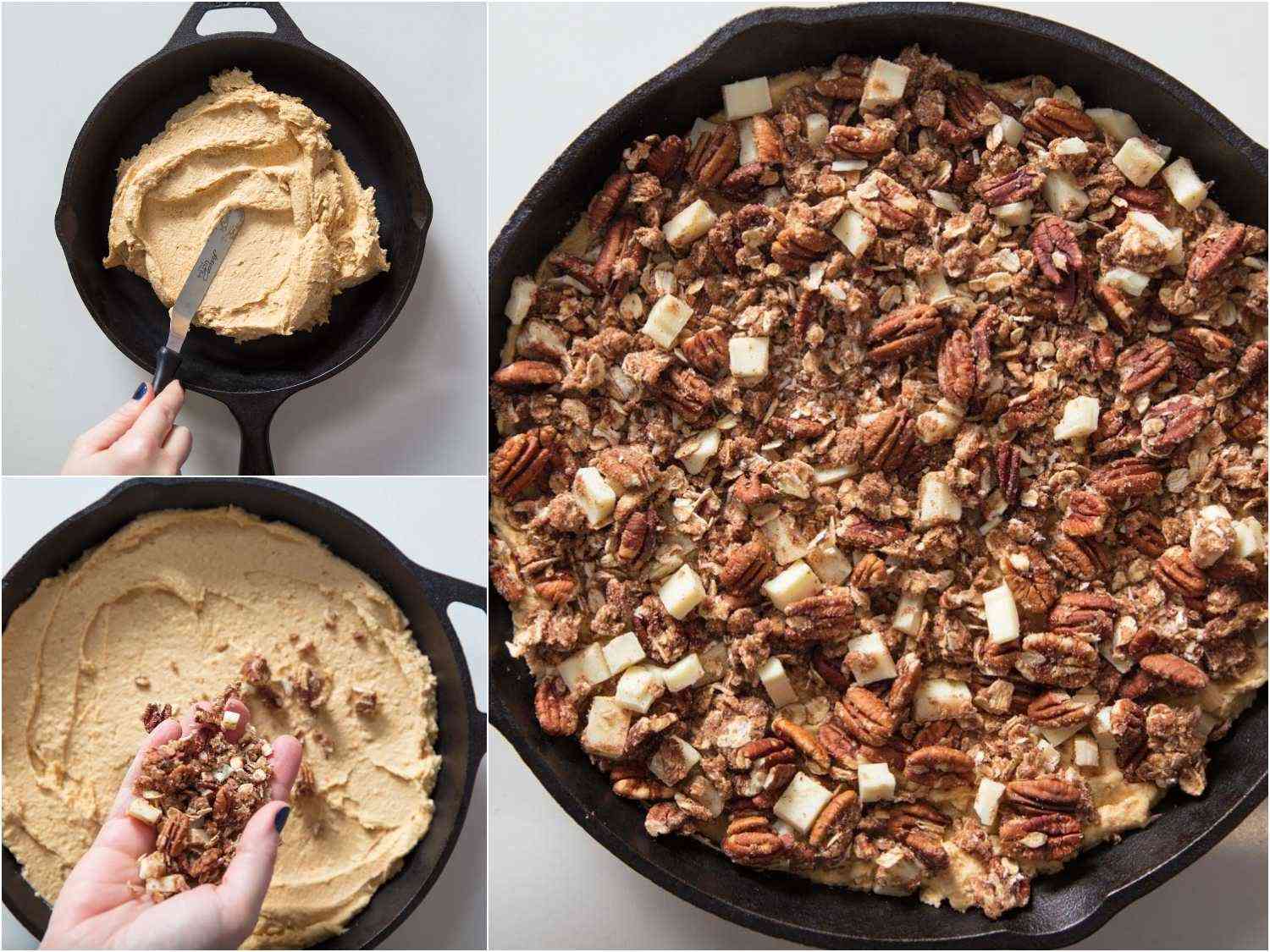 Spreading out batter and topping with streusel and nuts.