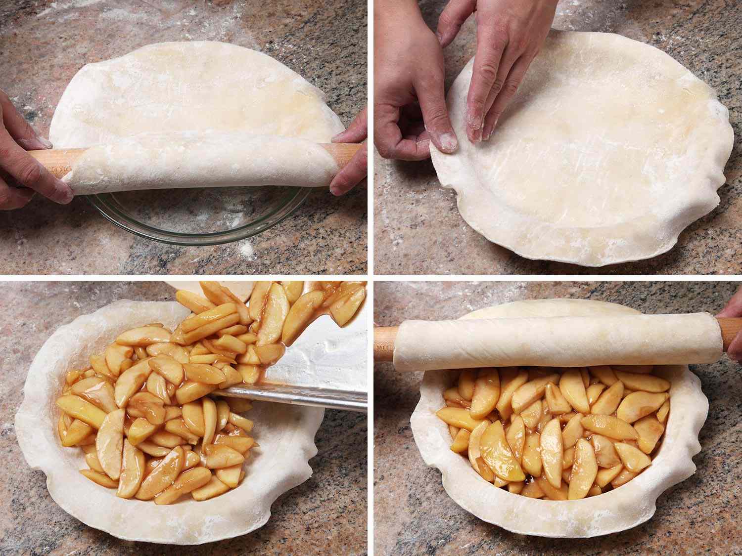 A collage showing a glass pie plate being lined with uncooked pie dough, filled with apples, and then being topped with another layer of pie dough.