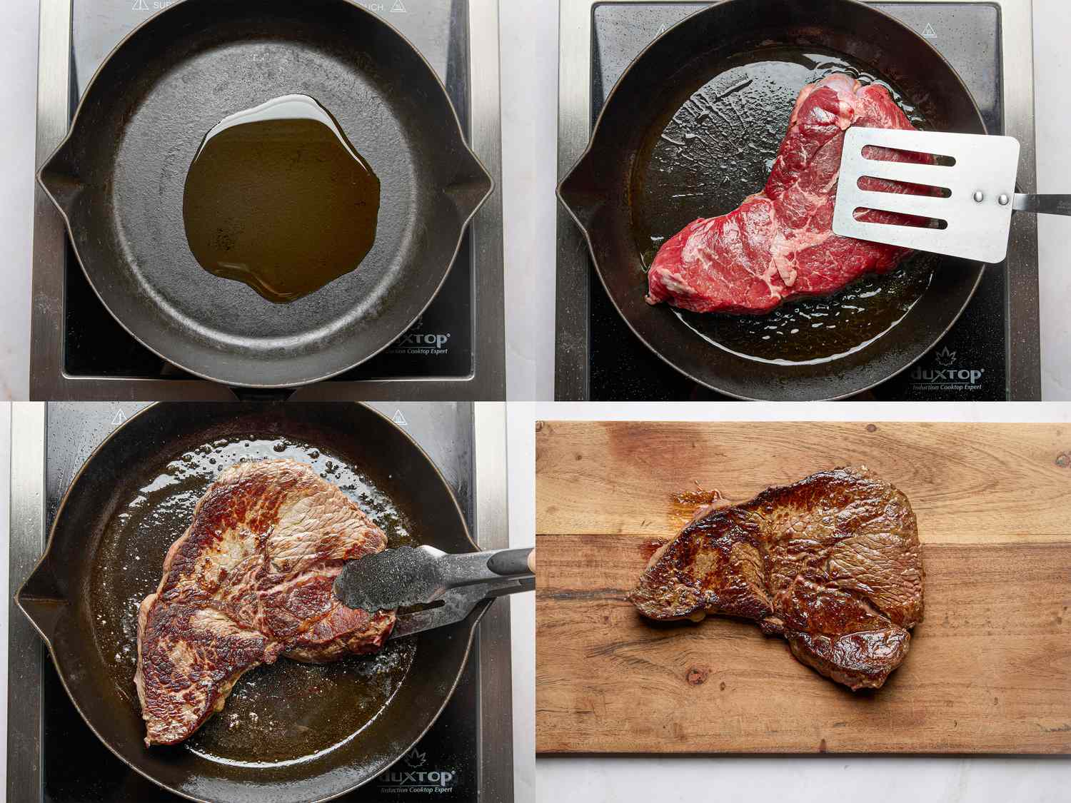 Steps in cooking steak in a skillet including heating oil searing steak flipping it and resting the cooked meat on a cutting board