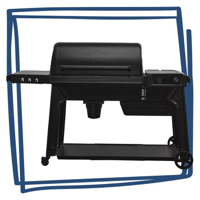 A Traeger Woodridge Pro grill with shelves and a black frame
