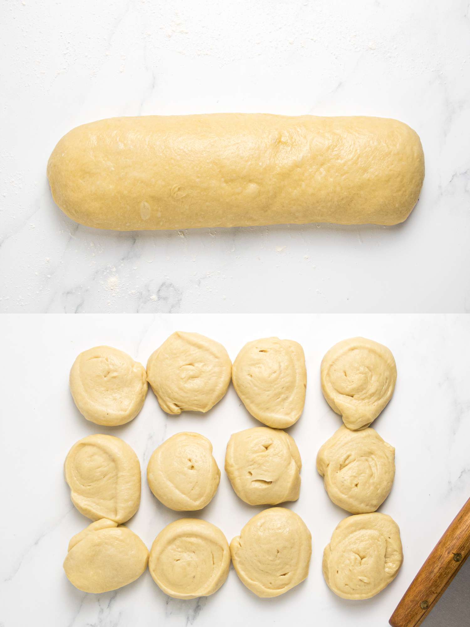 2 image collage. Top: Dough rolled into a log on marble surface. Bottom: Sliced log into 12 pieces on marble surface