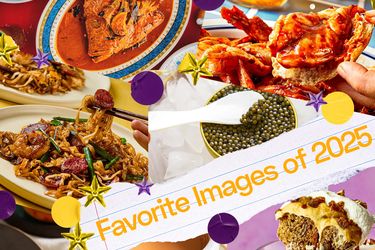 A collage of diverse dishes including seafood meat caviar and dessert