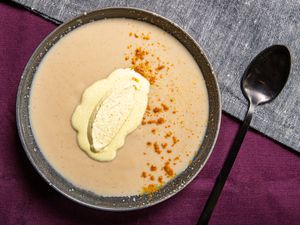 Overhead view of cauliflower soup