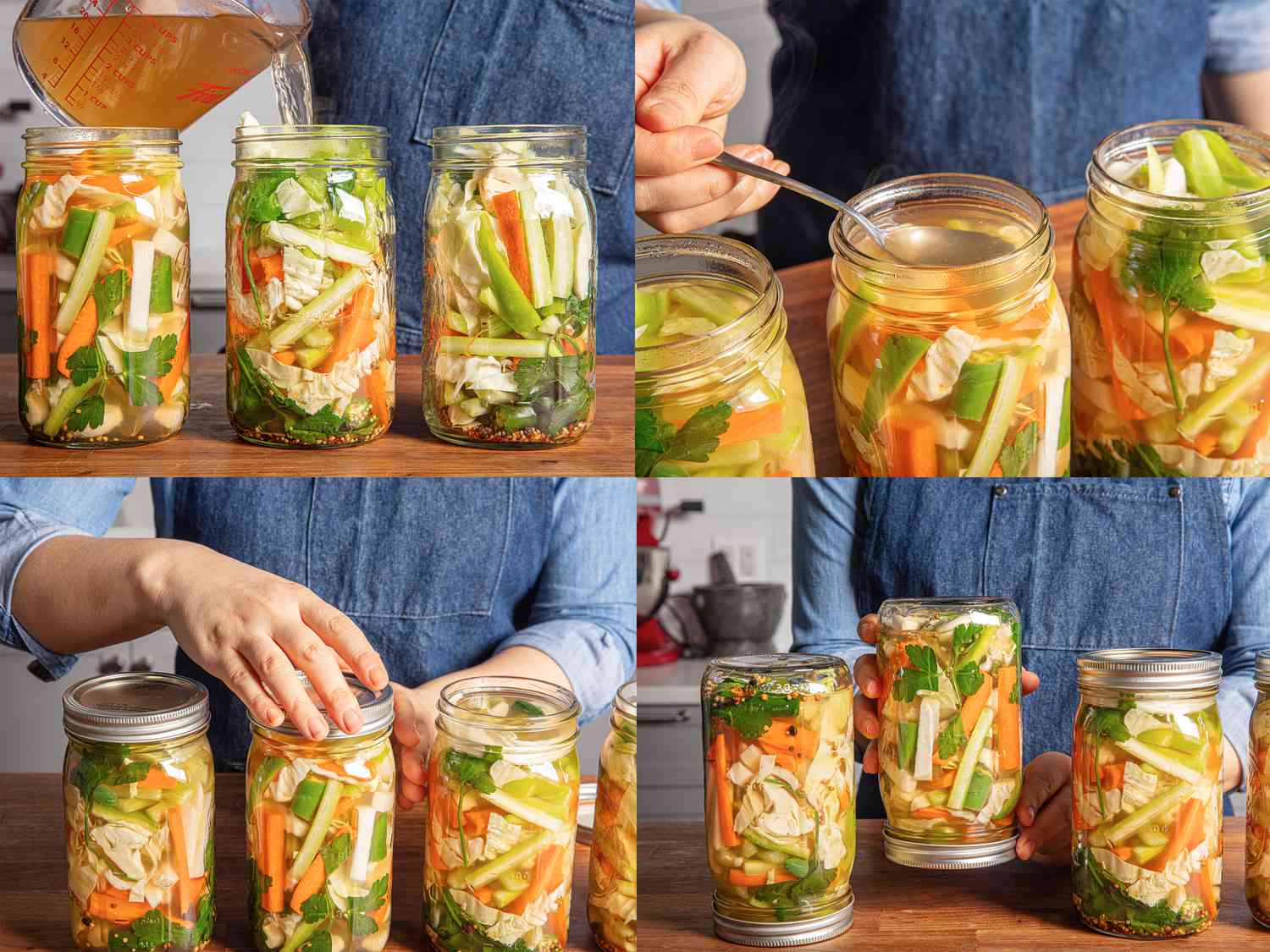 Four image collage of filling jars with boiling liquid, spooning out impurity, putting lids on a jar and flipping jar over.