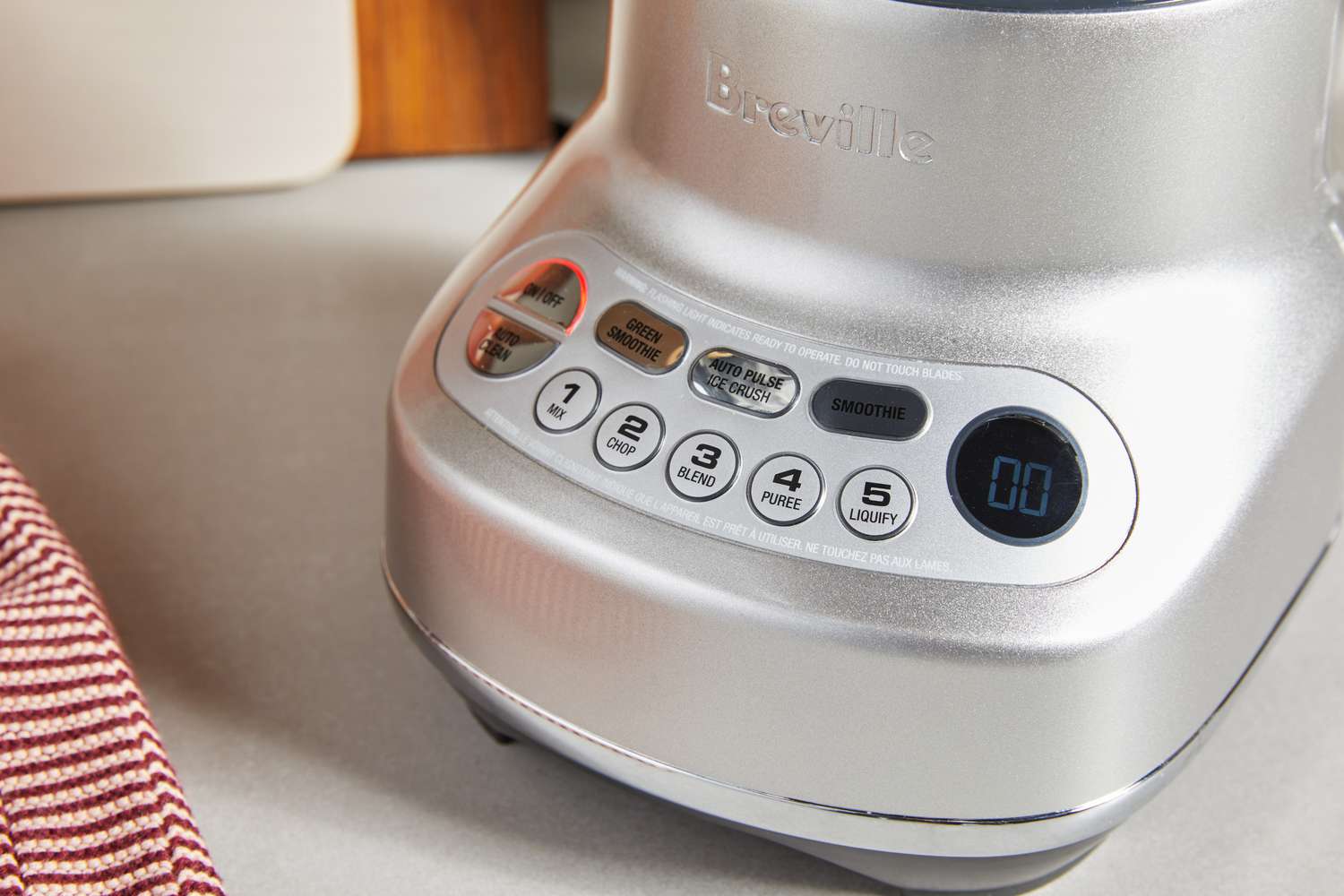 A closeup of the buttons on the Breville Fresh & Furious Blender
