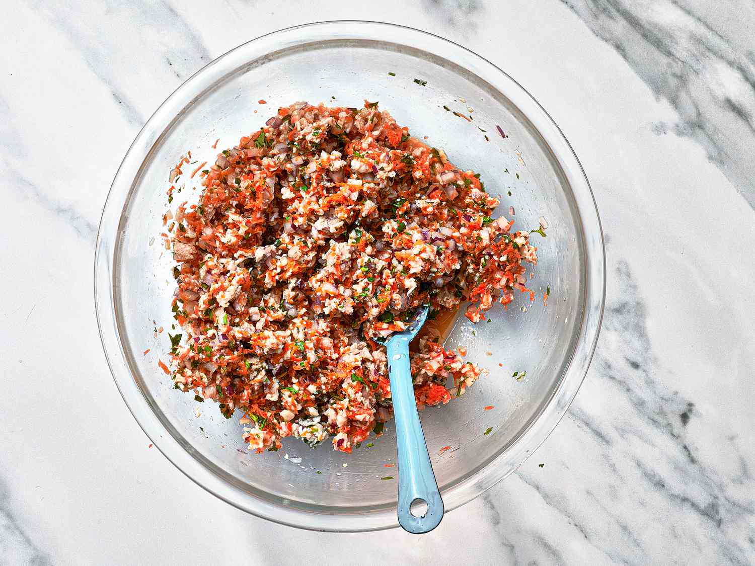 Overhead view of ceviche in bowl
