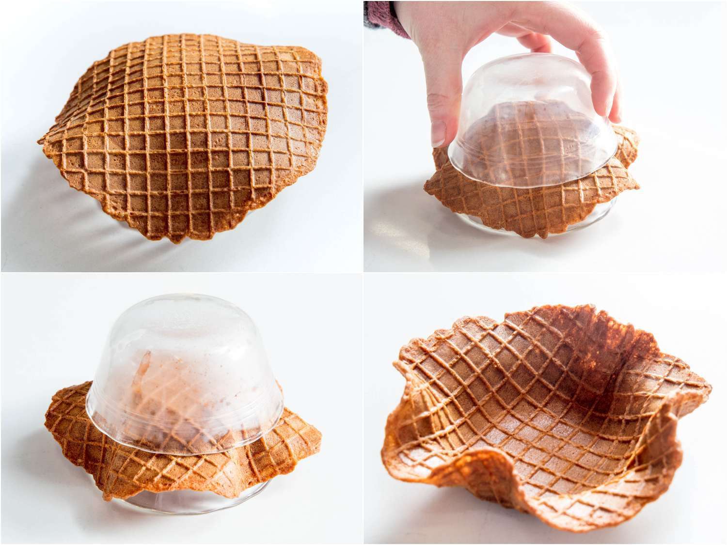 A collage of 4 images showing the making of a waffle bowl using two ramekins: starting with placing the waffle on an inverted ramekin and nestle it between another inverted ramekin. 