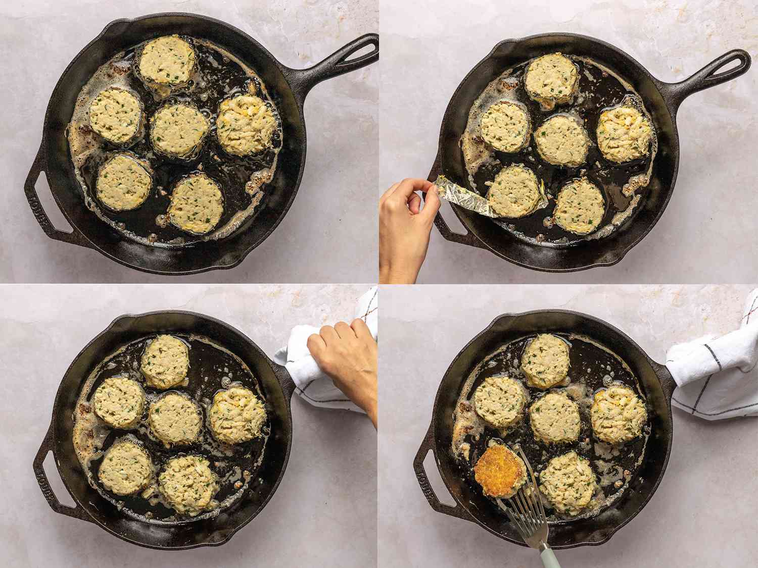 A four-image collage. The top left image shows six crab cakes added to heated oil and butter inside a cast iron skillet over medium heat, breaded side down. The top right image shows a hand carefully peeling off the foil edge from a crab cake inside of the skillet, without lifting the cake. The bottom left image shows the skillet being swirled, with a hand gripping the skillet's handle using a kitchen towel. The bottom right image shows one of the crab cakes being flipped over using a slotted fish spatula. The surface of the crab cake is golden brown and crispy.