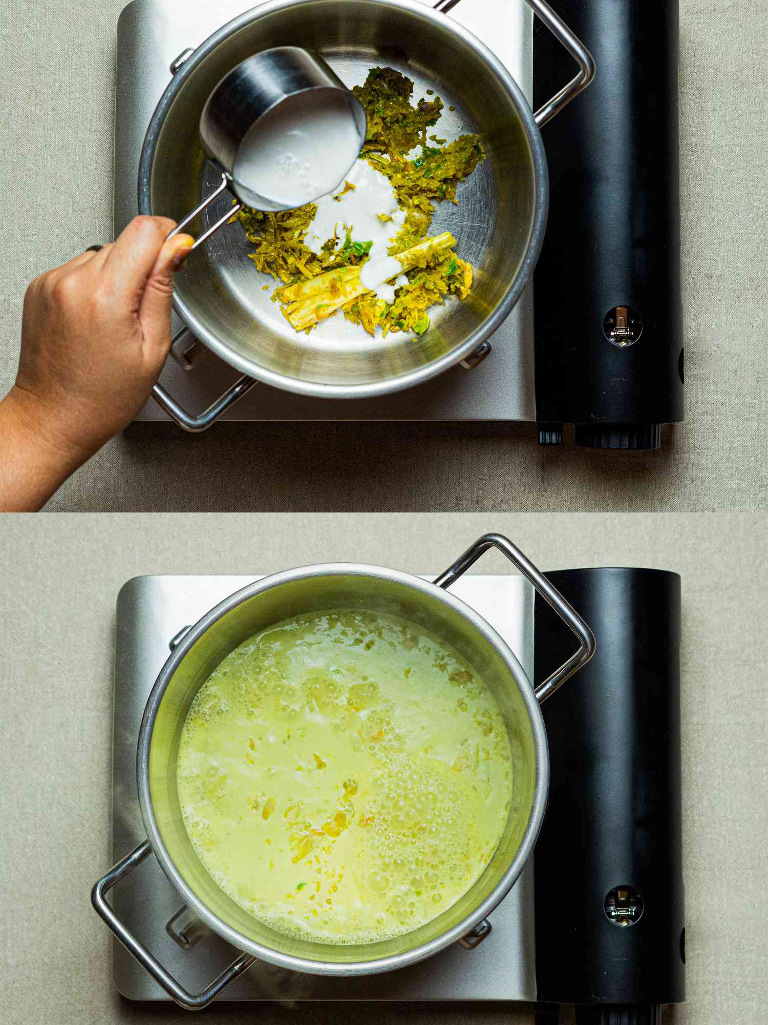 Adding coconut milk and spice paste to a pot.