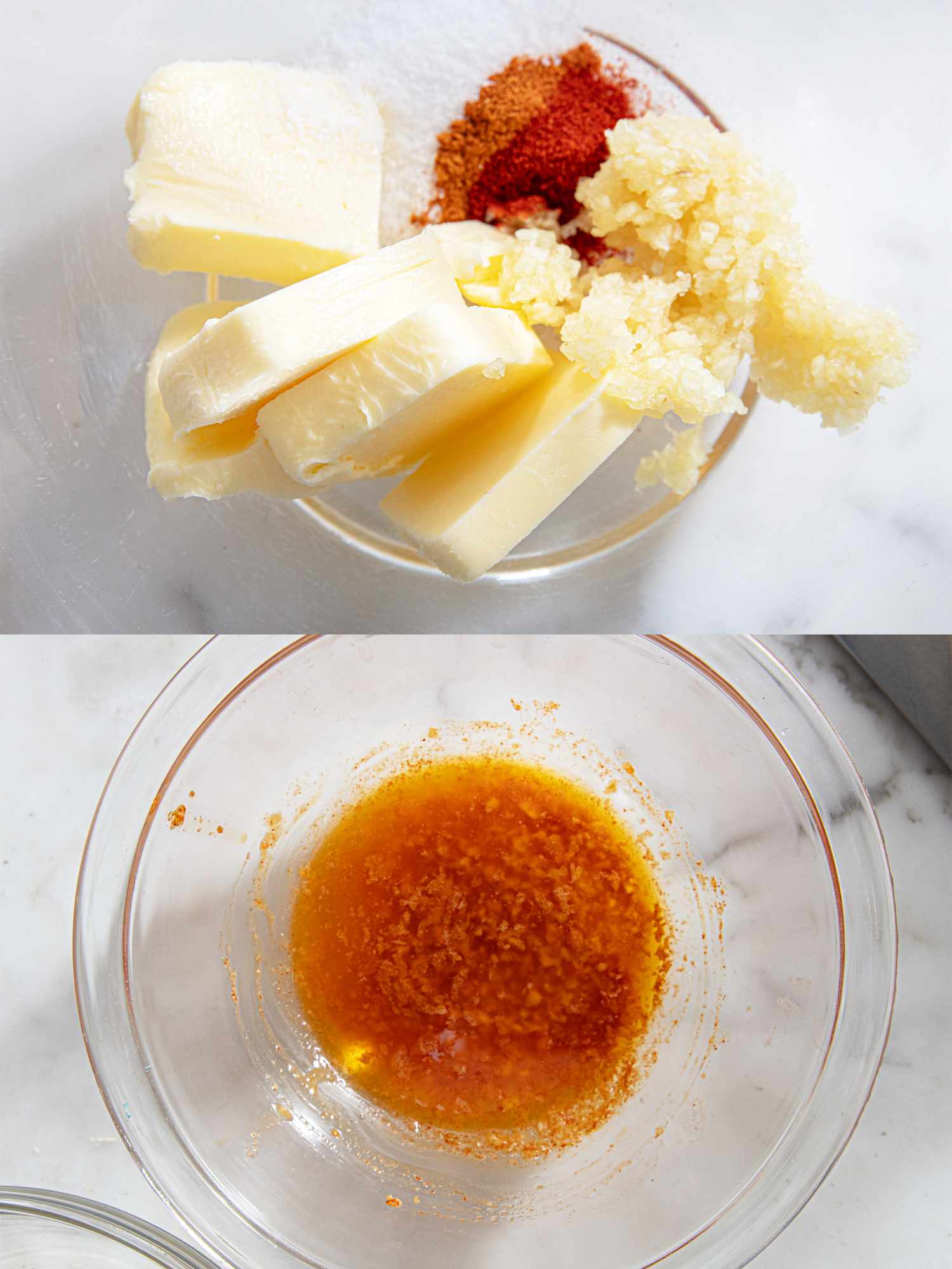 Two image collage of garlic butter mixture before and after being mixed