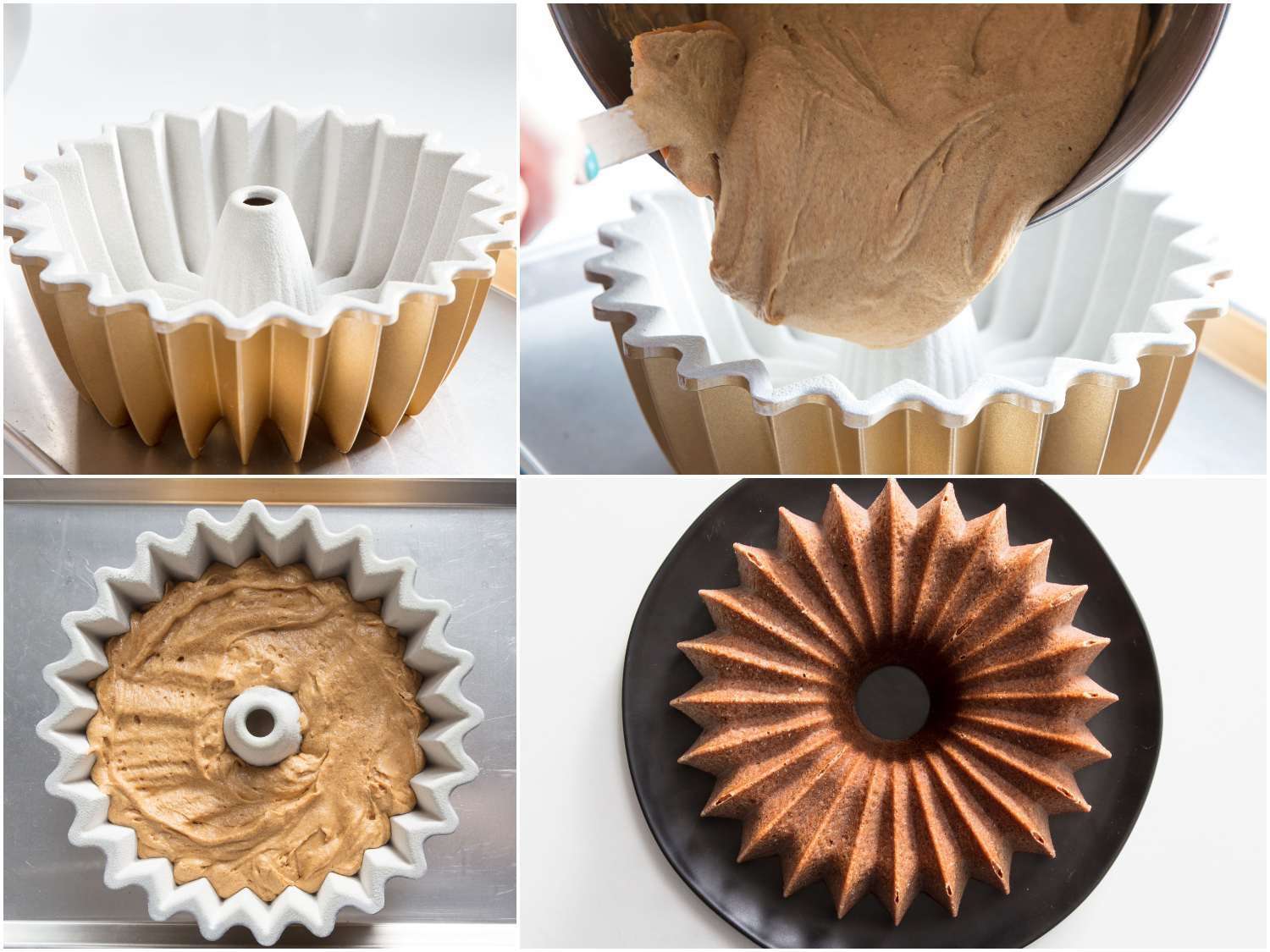 Collage of four images showing pouring cake batter into greased and floured bundt pan and the baked cake on a plate.