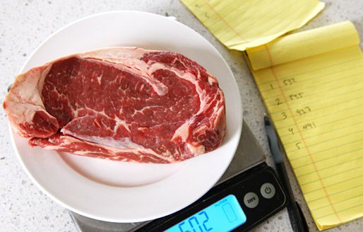 A steak on a plate on a kitchen scale next to a notepad.