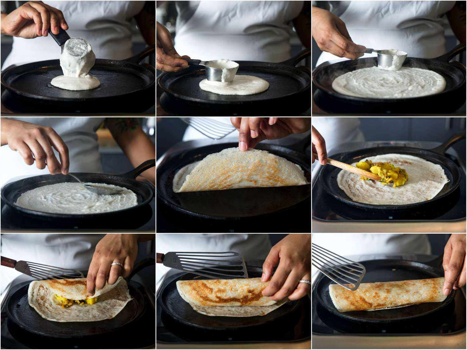 Collage showing stages of making a dosa: dropping batter onto a griddle, smoothing into a round, lifting edges, adding filling, and folding over
