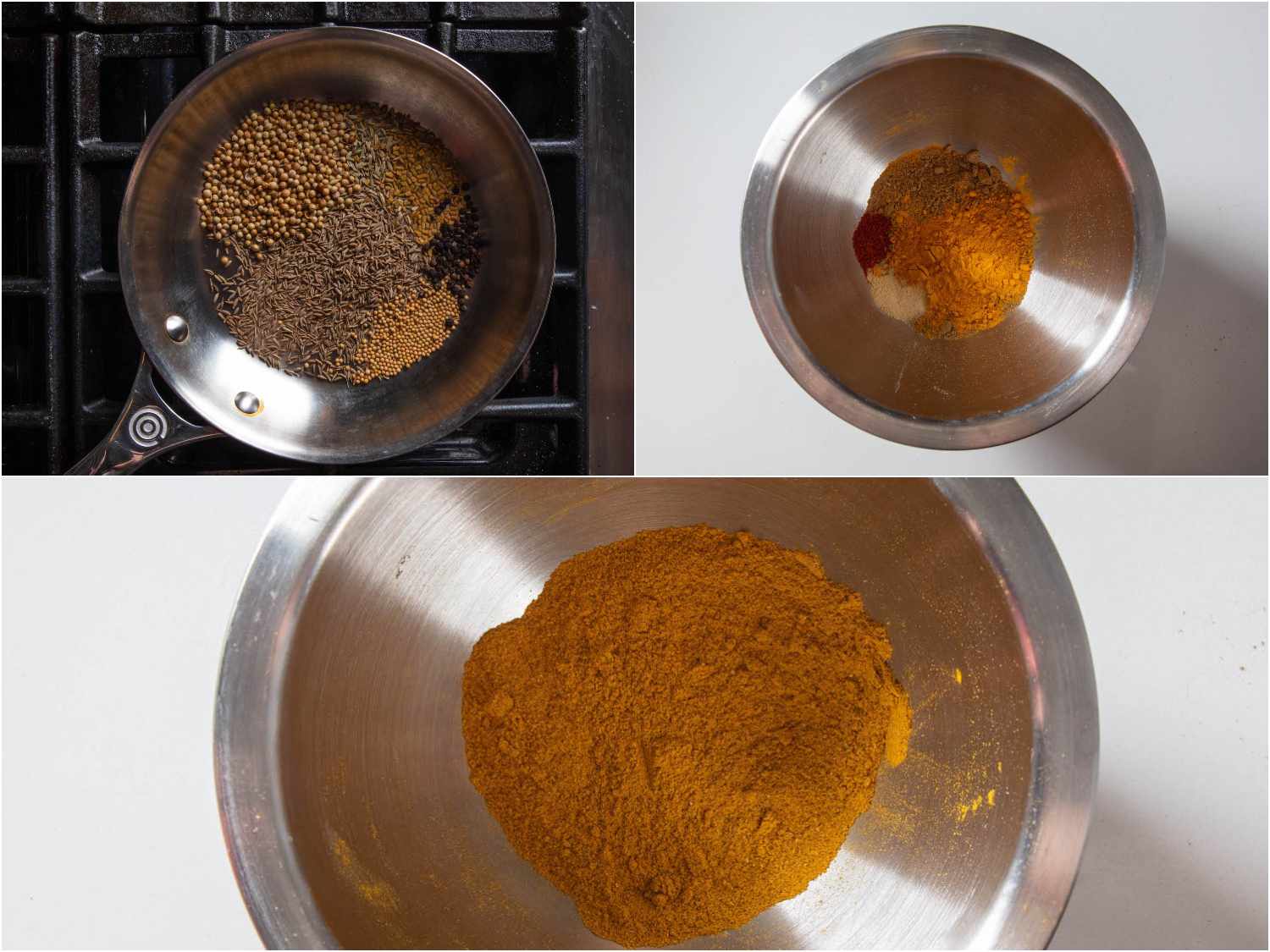 Collage of toasting spices and whisking together Madras curry powder