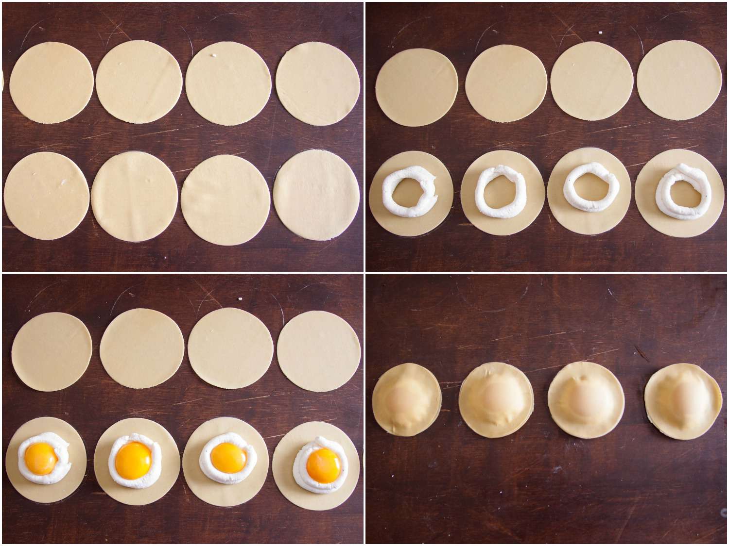 Assembling uovo in raviolo: eight empty dough circle stands in two lines, four filled with two layers of ricotta and an egg yolk, enclosed by the remaining dough circle. 