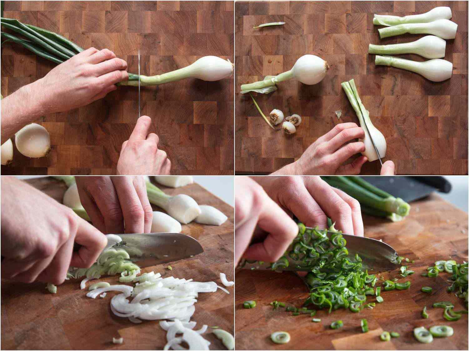 A 4-image collage showing the process of slicing spring onions for the sauce: cutting off the bulb, slicing it in half, thinly slice the white parts of the spring onion and then the green part. 