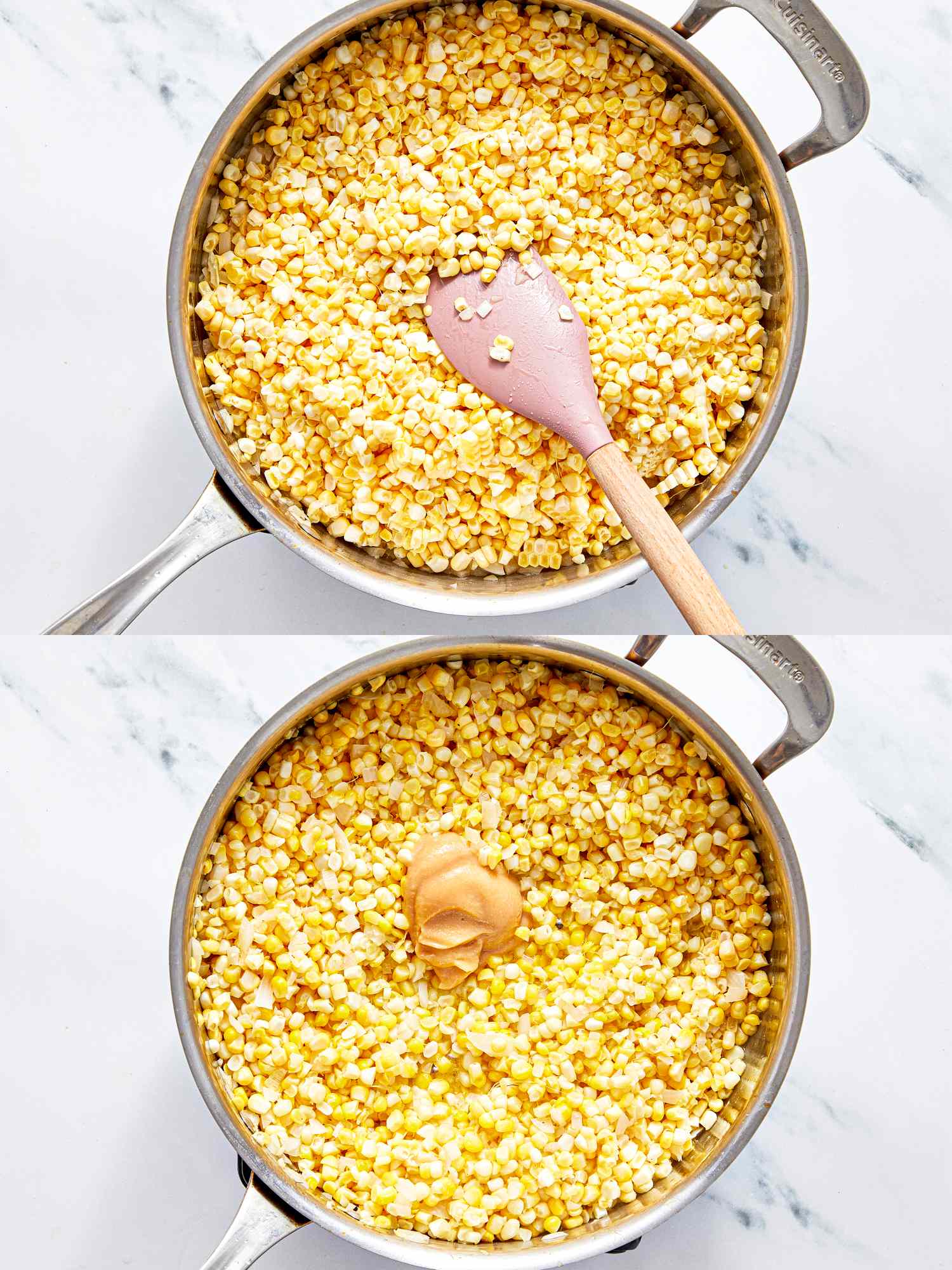 Two instructional images for making corn soup sauted corn in a pot with a spatula and addition of peanut butter in the next step