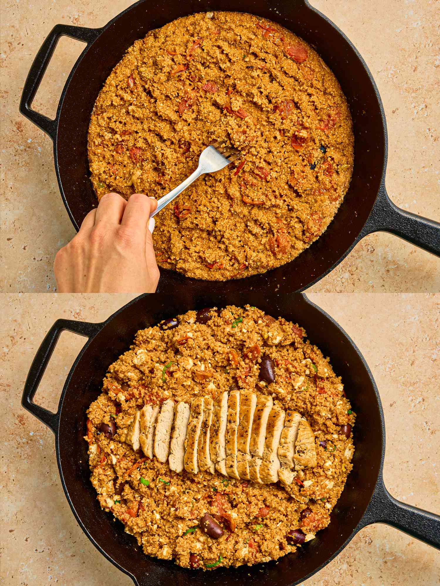 2 image collage. Top: fluffing bulgar with a fork in skillet. Bottom: adding sliced chicken breast on top of bulgar in skillet 
