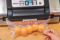 A bag of ping pong balls is vacuum sealed using the Nesco VS-12 Deluxe Vacuum Sealer