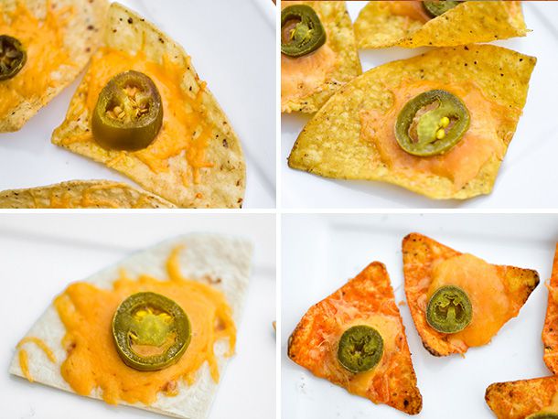Collage of Texas nachos made with various brands of store-bought chips.