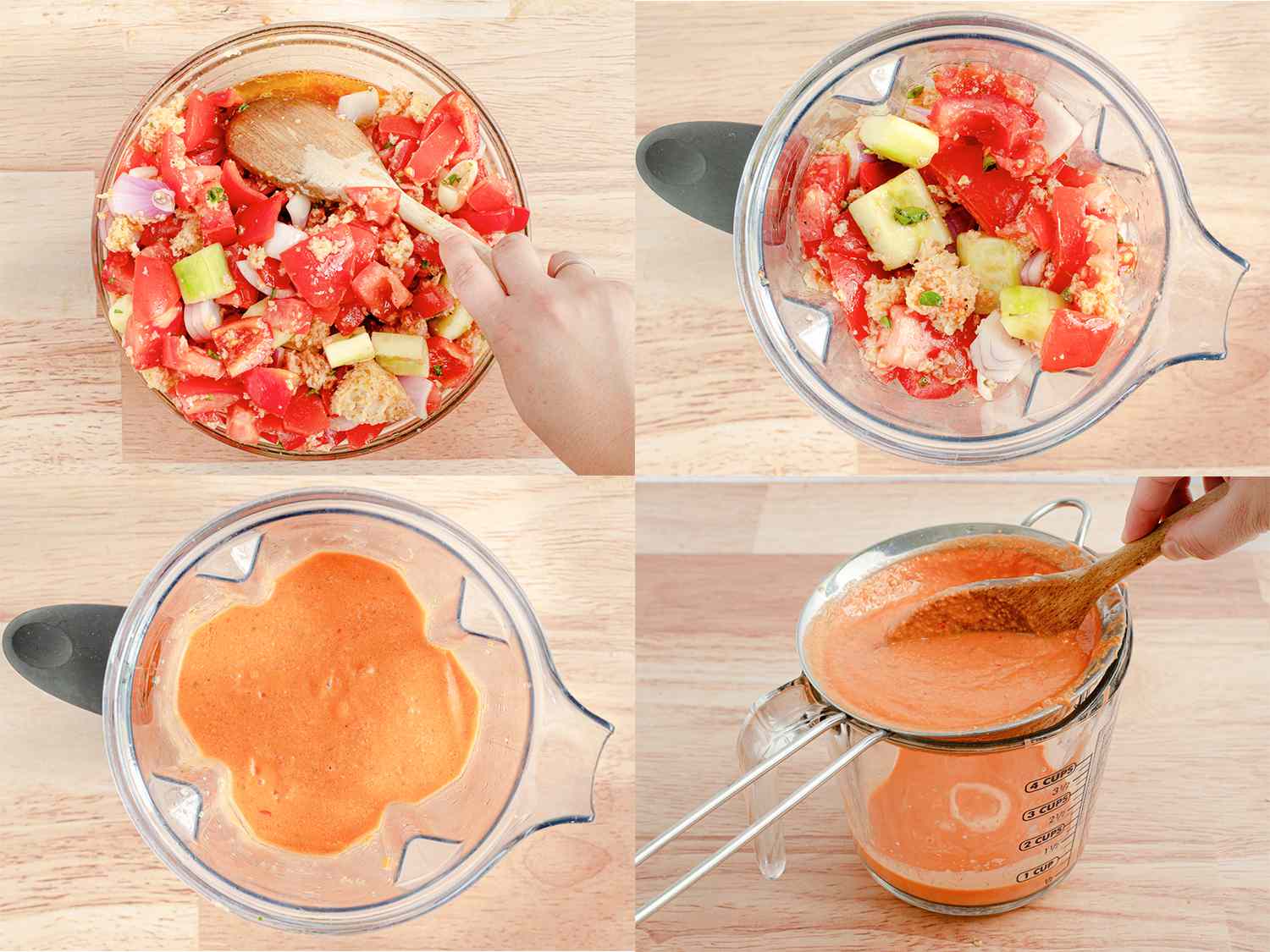 A four-image collage. The top left image shows all of the ingredients in the glass bowl being mixed together with a wooden spoon. The top right image shows half of the contents of the glass bowl now inside of the bowl of a high powered blender. The bottom left image shows the mixture in the blender, now blended until completely smooth. The bottom right image shows a fine mesh sieve set over a heatproof glass measuring cup, with the pureed vegetables being strained through and the clear liquid collecting in the cup.