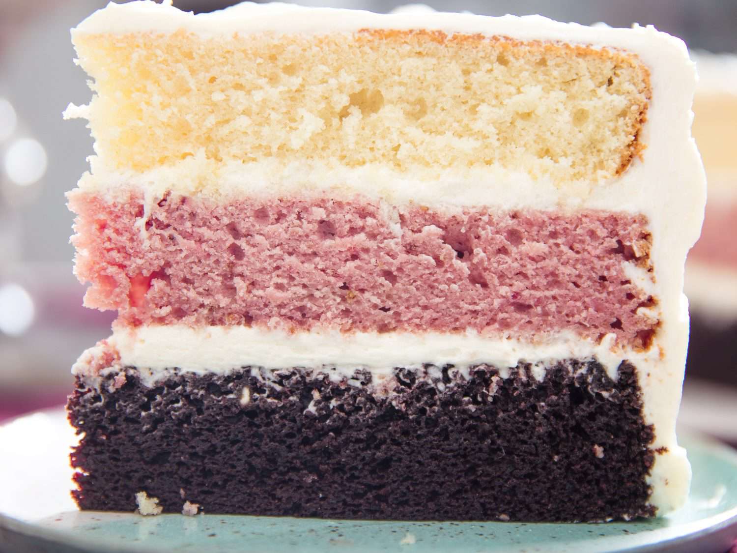 close up of Neapolitan layer cake
