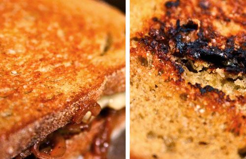 Side by side photos of grilled bread, the one on the right was grilled too quickly at high heat and burned.